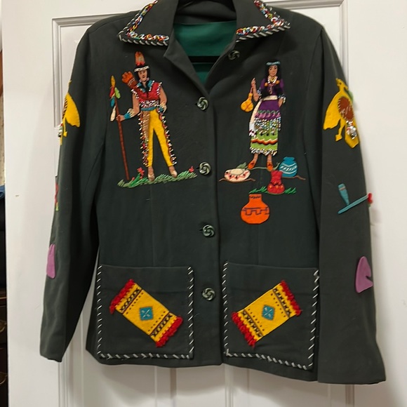 Vintage One of a kind hand made western beaded and appliqué wool green jacket. - Picture 1 of 7